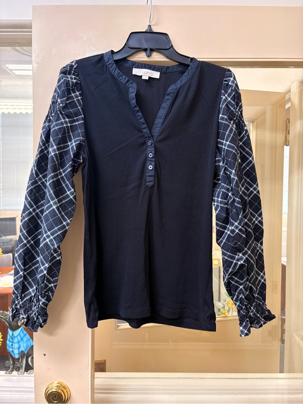 LOFT Black Top with Black & White Plaid Long Sleeves